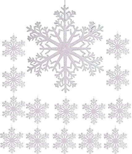 BANBERRY DESIGNS Large Snowflakes - Set of 15 - White Glittered Snowflakes - Approximately 12" D - Snowflake Decorations - Snowflake Window Décor - Festive Winter Decorations
