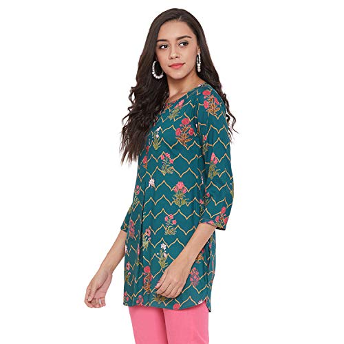 Image of Tissu Women's Green & Pink Floral Printed Kurti
