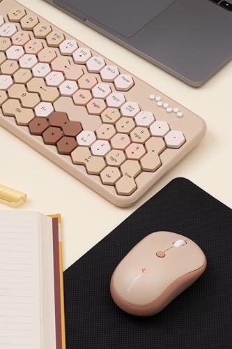 Petek Görünümlü Kablosuz Renkli Klavye Mouse Seti - Retro, Sessiz, Q Türkçe Dizayn (Kahverengi)