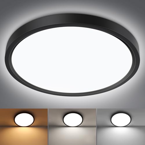 Smanu LED Ceiling Light Panel,18W 1800LM,3 Color Temperatures in One 3000K/4000K/6000K,Waterproof Flush Mount Ceiling LED for Bathroom,Living Room,Dining Room,Kitchen,Office,Ø23CM(Black)