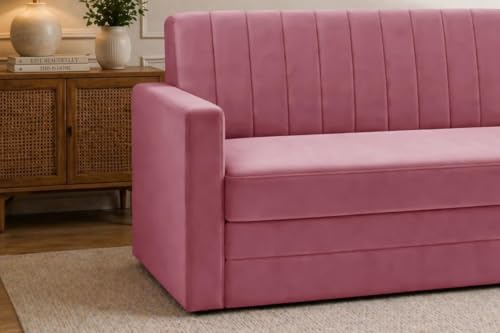 Image of Velvet Three-Seater Sofa Cum Bed with Armrest, Convertible Sleeper Couch Sofa for Living Room, Bedroom & Office- Rose Pink Color