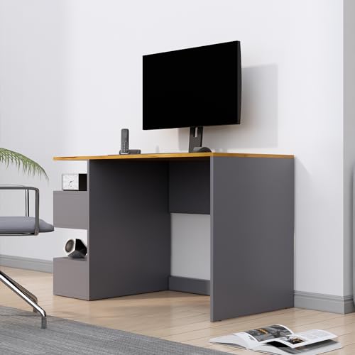 Image of Bniture Wooden Study Table for Home | Engineered Wood Study Table with Side Storage Shelf | Multi Purpose Computer Desk for Writing & Study | Laptop Table for Study Room | Slate Grey & Giant Wood