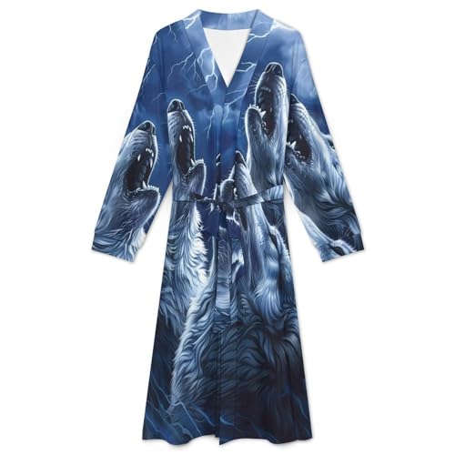 Wolves Howl at The Moon Soft Robe Long Sleeve Bathrobes V Neck Sleepwear Spa Robes with Belt Men Woman3