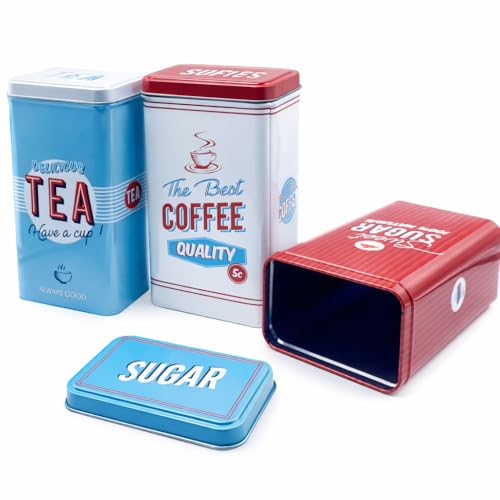 Eyesome 3 Pack Kitchen Canisters with Airtight Lids, Metal Storage Jar Set, Coffee, Sugar, Tea, Flour Storage Containers, Farmhouse Kitchen Décor Organiser Retro Design