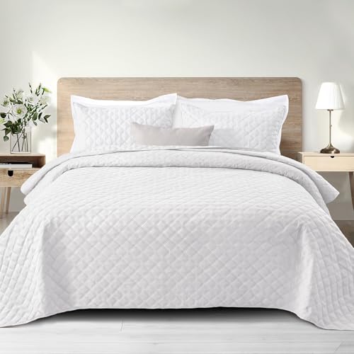 Exclusivo Mezcla Soft Quilt Set Queen Full Size, 3 Pieces Lightweight Quilts White Bedspreads Coverlets Bedding Set for All Seasons, Grid Pattern