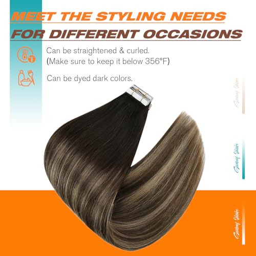 Sunny Hair Tape in Hair Extensions Real Human Hair Invisible Remy Hair Extensions Tape ins for Women Natural Black Ombre Dark Brown Balayage Ash Blonde 20 inch 20Pcs 50G by Sunny Hair - Image 4