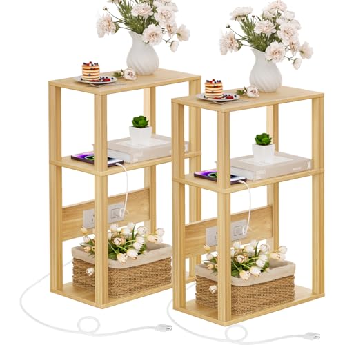 YUFAM 3 Tier Small Narrow Bamboo Side Table Set of 2 with Charging Station - Skinny Nightstand for Small Spaces, Slim Bedside Table with USB Ports and Outlets - Thin End Table with Storage, Natural