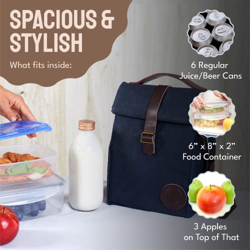 ASEBBO Insulated Lunch Bag for Men, Women - 10L Waxed Canvas Cool Bag with Genuine Leather Handle and Strong Buckle Closure, Reusable Lunch Cooler Bag for Work School Picnic Food (Blue)