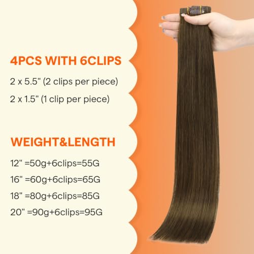 Image of Full Shine Seamless Clip in Hair Extensions, Chestnut Brown | Brown Hair Extensions, 16 Inch 65g 4 Pcs, Fill Thinning Sides, Silky Straight, Coffee Dates, Fine Hair, Easy to Blend