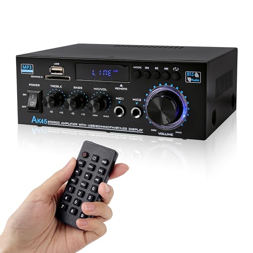 Amplificador de Audio Estéreo, 800W HiFi Amplificador, 2.0CH Bluetooth 5.0, para Cine en casa, Coche Altavoz SD Card/USB Input/FM Radio, RMS 40Wx2 (AK45