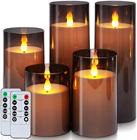 Homemory Gray Flickering Flameless Candles, Battery Operated Acrylic LED Pillar Candles with Remote Control and Timer, Halloween Decor, Set of 5