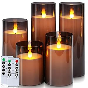 Homemory Gray Flickering Flameless Candles, Battery Operated Acrylic LED Pillar Candles with Remote Control and Timer, Halloween Decor, Set of 5