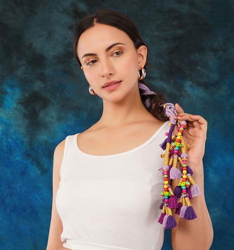 Image of Zippy Flora Handmade Kalee Boho Cotton Parandi | Traditional Hair Accessory with Tassles & Ghoonghru | Hair Extension|Choti |Women's Patiala Shahi Paranda | Kalee Parandi (Purple) | 22 Inches Length