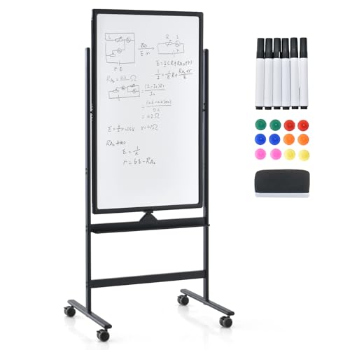 GOPLUS Tableau Blanc Effacable 2 Face 60 x 100 CM avec Hauteur Réglable 156-184 CM, Tableau Blanc Magnetique sur Pieds Rotatif à 360° avec 4 Roue, 1 Effaceur, 12 Aimant, 6 Marqueur, Idéal pour École