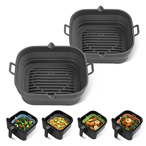 [2 Pack] Silicone Air Fryer Liners Square - Reusable Airfryer Basket - Easy to Clean Air Fryers Pot for 5.8 to 8 Qt Large Air Fryer Baking Tray Oven Accessories, 8.5 Inch