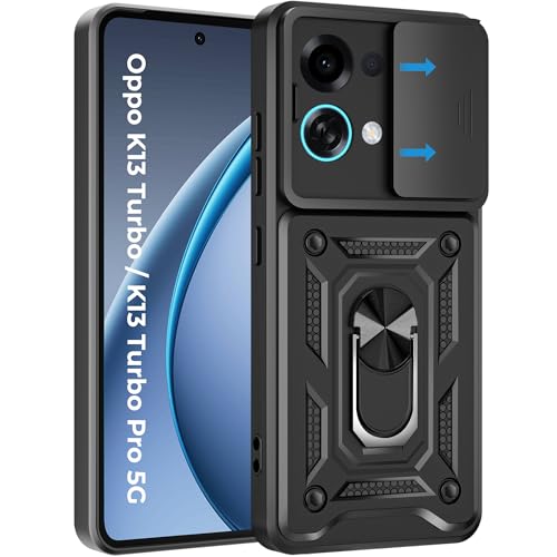 Image of A rtistque Armor Bumper Back Case Cover for Oppo K13 Turbo / K13 Turbo Pro | Stylish Ring Holder & Inbuilt Stand | Sliding Camera Cover | Oppo K13 Turbo Back Cover - Black