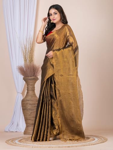 Image of Women's Tissue Cotton Saree | Plain Lightweight Tassel Pallu Saree with Blouse