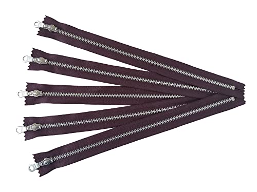 Craftbot - Fechos de correr YKK de metal prateado de alumínio em castanho escuro com puxador de rosca, fechos de correr de extremidade fechada #5, 14 polegadas, conjunto de 5 peças