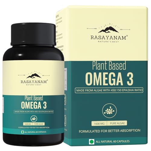 Rasayanam Plant Based Omega-3 Capsules, 1600mg | Gelatin Free, No Burps, No Fish Oil, Pure Algae | 400mg EPA & 150mg DHA, Better Joint & Heart Health | Vegetarian Omega 3 Supplement - 60 Capsules