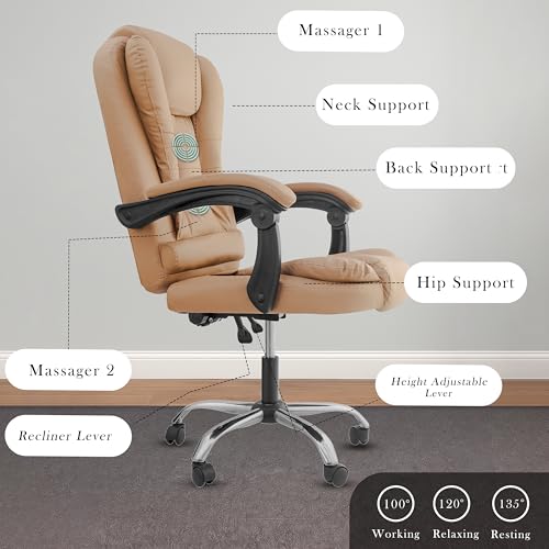 Image of NORMAN JR Italia Premium Leatherette Office Chair for Work | Boss Chair, Ergonomic Executive, Luxurious Cushioned Arms & Seat, 2 Point Back Massager, Heavy Duty Metal Base (Beige)