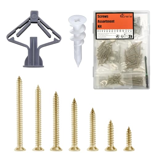 Suneke Kit surtido de anclajes y tornillos para paneles de yeso, 170 piezas, 30 anclajes de pared de plástico y 140 tornillos de cabeza plana Philips de zinc 6# con caja organizadora y 1 broca larga