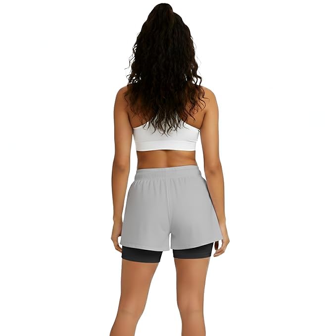 Image of Women's 2-in-1 Athletic Shorts with Inner Tights Layer, Drawstring Waist, for Running, Gym & Sports, Plus Size S to 6XL