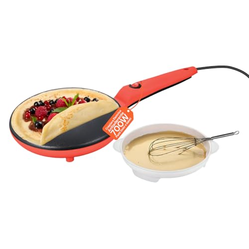Wintem - Crepiera Elettrica Yuppi 600W con Ciotola e Frusta Inclusa, Padella Antiaderente da 20cm Facile da Pulire,...