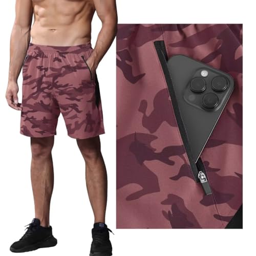 HMIYA Herren Sport Shorts Kurze Hose Schnell Trocknend Sporthose Leicht mit Reißverschlusstasche(Camo Rosa,EU-2XL/US-XL)