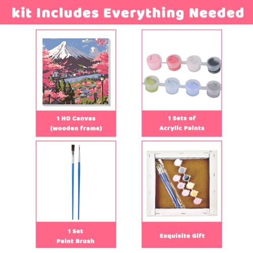 Image of HASTHIP DIY Paint by Numbers Kit for Adults & Kids, Mount Fuji Cherry Blossom Landscape Painting on Canvas, Beginner-Friendly Acrylic Painting Set with Brushes & Numbered Pigments, 20x20cm