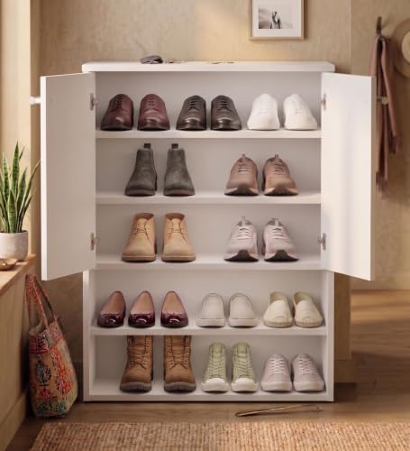 Image of Spyder Craft Engineering Wood Shoe Cabinet for Home, Double Door Shoe Rack with Multiple Shelves, Space Saving Shoe Organizer for Entryway, Living Room & Bedroom, White, DIY Assembly