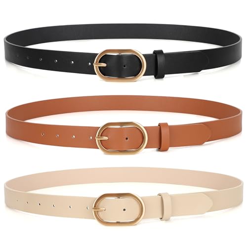 3 Pack Plus Size Women's Fashion Genuine Leather Belts with Gold Buckle for Jeans Pants and Dresses