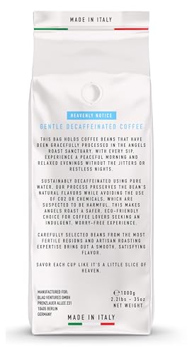 ANGELS ROAST 1kg koffeinfreie Kaffeebohnen aus Italien - schonend mit Wasser entkoffeiniert - säurearm - 80% Robusta & 20% Arabica Bohnen (ganze Espressobohnen - 1000g)