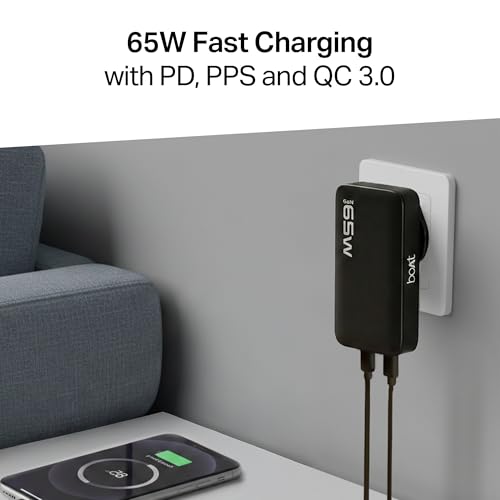 Image of boAt 65W GaN Nano Charger, Fast Charging PD, PPS & QC 3.0 in Ultra-Slim Body,Foldable US Flat Pins & Snap-On Indian Round-Pin; GaN Chip Tech; USB-C & USB-A Output, Free Type-C to C Cable(Carbon Black)