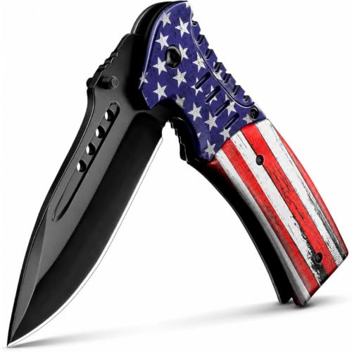 Spring Assisted Patriotic American USA Flag Knife - 3.66' Sharp Blade - Folding Knife with Glass Breaker - Cheese Knives for Men Women Hunting Camping Military Survival Hiking Work EDC 0207 F