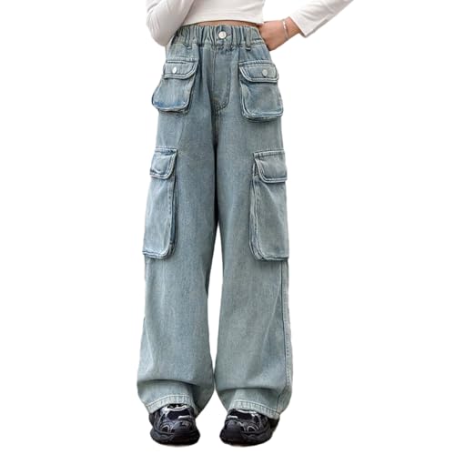 Baggy Jeans for Girls Multi Flap Pockets Cargo Adjustable Waist Wide Leg Pants Streetwear Cute Jeans for Girls Denim Pants