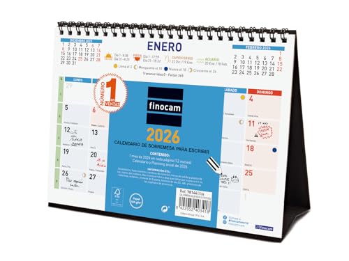 Finocam   Calendario de sobremesa para escribir 2026 Mes Vista Enero   Diciembre (12 meses) | Calendario 2026 para anotar | Planificador mensual Color   Español