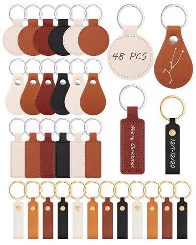 Wavyknot 48 peças de chaveiros de couro PU em branco a granel gravação a laser em branco kit de chav