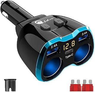 Ładowarka samochodowa USB C, rozdzielacz do zapalniczki, adapter 2 gniazda typu C, wiele gniazd zasilania 12 V/24 V 80 W DC z przełącznikiem woltomierza LED, 5,8 A, podwójny port USB, do telefonu komórkowego, GPS kamera