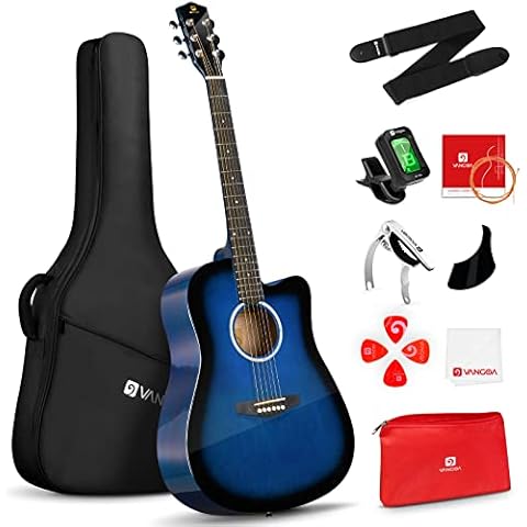 Vangoa 4/4 Acoustic Guitar Full Size Cutaway Adult Folk Guitar 41 inches for Beginner with Starter Kit, Gig Bag, Glossy, Blue Cover