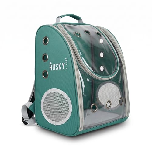 Image of Husky & Purr Cat Bag Carrier Backpack, Green | Collapsible Breathable Pet Carrier Backpack | Anti-Scratch Transparent Cat Carrier Bag for Travel, Up to 7kgs