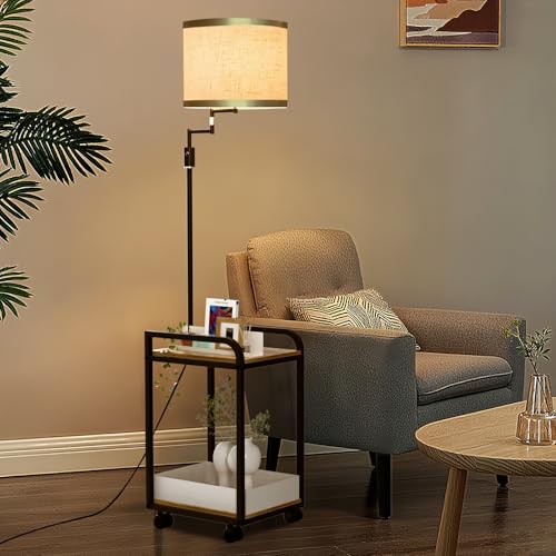 Image of Lightdot 63IN Floor Lamps withTable&Basket, Modern Standing Tall Lamps with Adjustable Fabric Shade and Movable Casters, End Table Lamp for Living Room /Sofa Beside /Corner Decor-Black(Bulb Included)