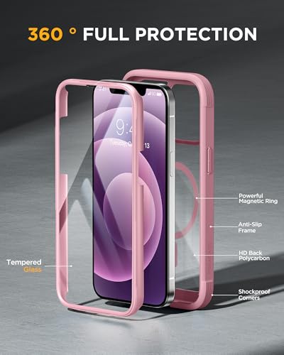Image of Miracase Glass Series Designed for iPhone 12 /12 Pro 6.1 Inch, Upgrade Full-Body Magnetic Case with Built-in 9H Tempered Glass Screen Protector, with Camera Lens Protector, Magnetic Pink