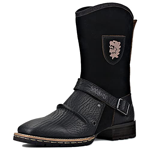 Image of OSSTONE Cowboy Boots for Men Designer Fashion Zipper-up Leather Moto Chukka western Boots Casual Shoes OS-5008-H10-A-US