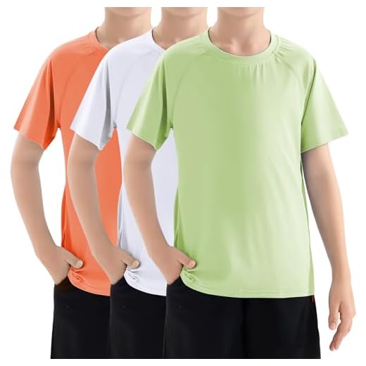 Camisa de natação infantil FPS 50+ Rash Guard manga curta pacote com 3 camisetas juvenis proteção solar UV FPS pesca aquática 5-18 anos, Branco/Laranja/Verde Amarelo, M