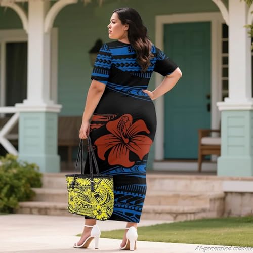 Image of Polynesian Dress for Women Short Sleeve High Waist Maxi Skirt | Puletasi dress, t-shirt and skirt two-piece, elastic material, lightweight, soft, plus size, luau party, wedding, clubwear