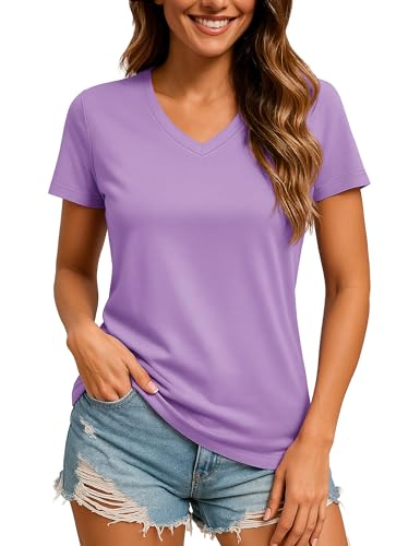 TACVASEN Women's Performance V Neck Workout Shirts Quick Dry Moisture Wicking Gym Tee Shirt Lightweight Running Tennis Top Gray Purple M