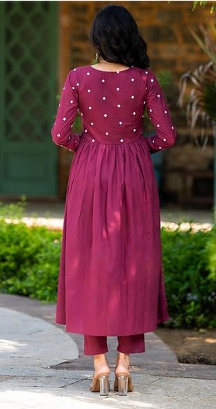 Image of Women's Long Kurta Set with Pant Polka Dots, Embroidered, V-Neck Empire Waist, Full Sleeves