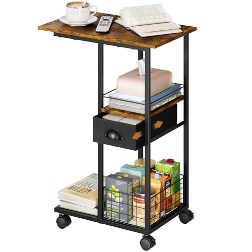 Sonyabecca C Shaped Sofa Side Table: Couch End Table with Drawer - Bedside Table with Wheels - 19.7''L x 11.8''W x 28''H - C Mobile Tables with Storage Basket for Living Room Bedroom