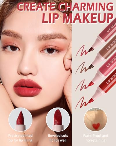 LYSdefeu Lip Stain Liner Pen Set-4 Pcs Hydrating Lip Stain Lip Liner Pencil Kit,Longlasting Waterproof Smudgeproof Matte Color Look,Precise Chisel Tip Smooth,Christmas Makeup Gift Kit for Women Girl