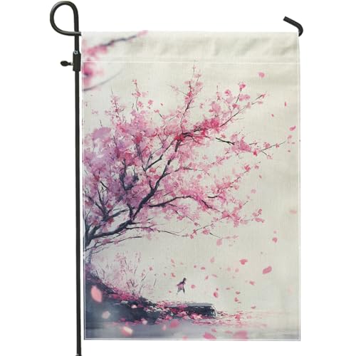Bandera de jardín de flores de cerezo de primavera, pancarta de decoración al aire libre, bandera de arpillera de doble cara para decoración del hogar y césped, 12 x 18 pulgadas